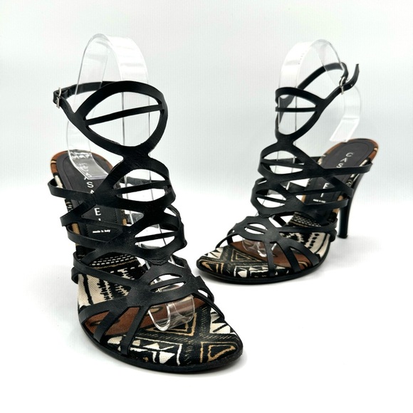 CASADEI BLACK LETTER STRAPPY SANDALS ANKLE BROWN NEUTRAL HEELS TRIBAL SANDALS 7 - Picture 13 of 15